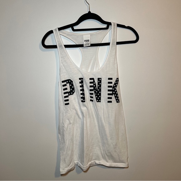 PINK Victoria's Secret Tops - PINK Racerback Tank Top Size Large Graphic Logo With Black & White Stripes Stars